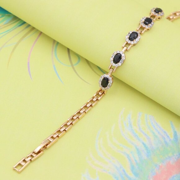 "Elegant Rose Gold Oval Black Stone Bracelet with Crystal Halos, XPBL0736 - Picture 9 of 12